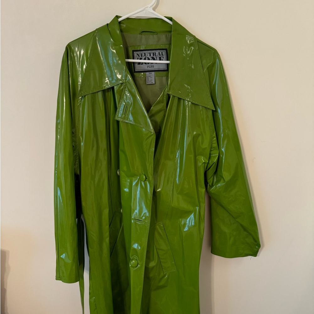 “ ON SALE” VINTAGE Neutral Zone Lime Green vinyl Raincoat w/ belt